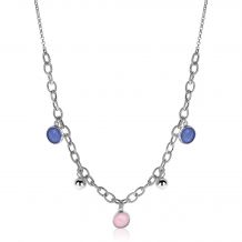 ZINZI zilveren luxe jasseron ketting 45cm met bolletjes en bedels rond in roze en blauw ZIC2005