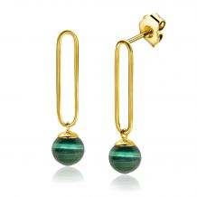 35mm ZINZI Gold Plated Sterling Silver Earrings Long Paperclip Chain and Green Cat's Eye Bead ZIO2420