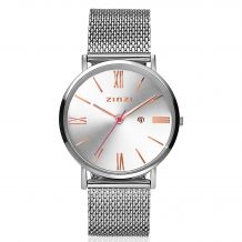 ZINZI Roman horloge zilver gekleurde wijzerplaat en kast met rosé wijzers stalen mesh band 34mm extra dun ZIW512M