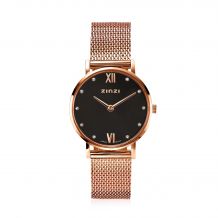 ZINZI Lady Crystal horloge zwarte wijzerplaat en roségoudkleurige kast stalen mesh band, witte crystals bij uuraanduiding, 28mm extra dun ZIW632M