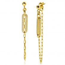 60mm ZINZI Gold Plated Sterling Silver Stud Earrings with Paperclip Chain and Open Oval White Zirconias ZIO2538