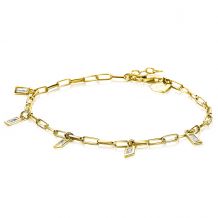 ZINZI Gold Plated Sterling Silver Paperclip Chain Bracelet with Rectangular Baguette Cut White Zirconia Charms 17,5-19,5cm ZIA-BF53