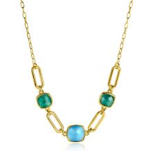 ZINZI Gold Plated Sterling Silver Necklace with Paperclip Chains and Green Turquoise Color Stones ZIC2332