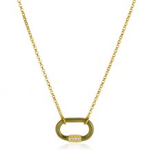 ZINZI Gold Plated Silver Chain Necklace 45cm Oval Pendant Olive Green Enamel And White Zirconias ZIC2374