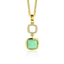 30mm ZINZI Gold Plated Sterling Silver Pendant Square Two-sided with White Onyx and Mint Green Color Stone ZIH2308 (excl. necklace)