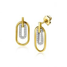 ZINZI gold plated zilveren ovale oorstekers 20mm bezet met witte zirconia's ZIO2329