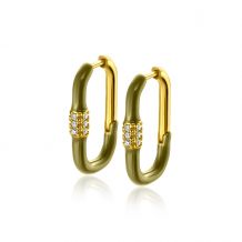 22mm ZINZI Gold Plated Sterling Silver Hoop Earrings Rectangular Olive Green Enamel and White Zirconias 22x3mm ZIO2374