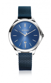 ZINZI Classy horloge 34mm blauwe wijzerplaat stalen kast en blauwe mesh band datum ZIW1042BM
