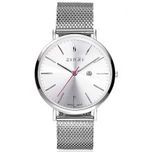 Zinzi Retro horloge zilvergekleurde wijzerplaat en kast stalen mesh band 38mm extra dun ZIW402M
