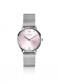 ZINZI Lady Crystal Watch 28mm Pink Dial with White Crystals Stainless Steel Case and Mesh Strap ZIW641M