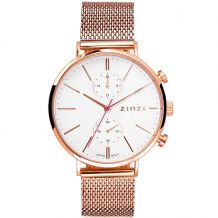 ZINZI Traveller Watch 39mm White Dial Rose Gold Colored Stainless Steel Case and Mesh Strap with dual time ZIW708M