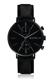 ZINZI Man Traveller Watch 39mm Black Dial Stainless Steel Case and Black Leather Strap with dual time ZIW750