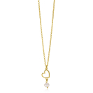 ZINZI gold plated silver necklace with open heart and dangling white freshwater pearl 40-45cm ZIC2642