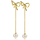 60mm ZINZI gold plated silver bow stud earrings with chain and freshwater pearl ZIO2677