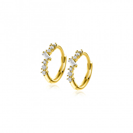 13mm ZINZI Gold 14 ct gold hoop earrings with rectangular baguette-cut zirconias and six round white cubic zirconias, with luxury clip closure 13 x 2mm ZGO528