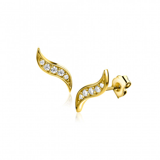 10mm ZINZI Gold 14 ct gold fantasy stud earrings in a leaf shape with 5 white cubic zirconias ZGO516