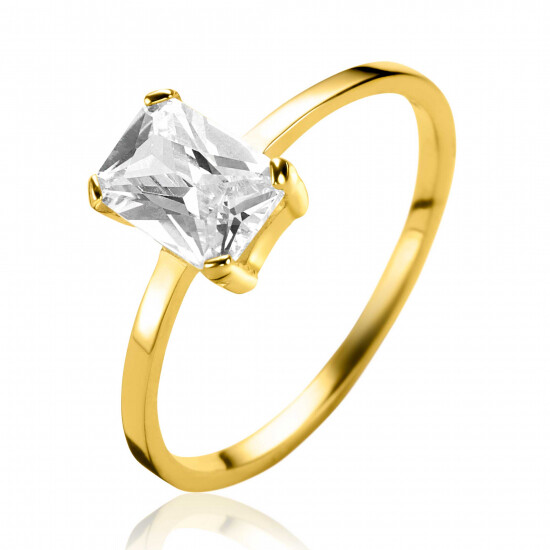 ZINZI Gold 14 ct gold ring set with a rectangular white cubic zirconia in a prong setting ZGR09