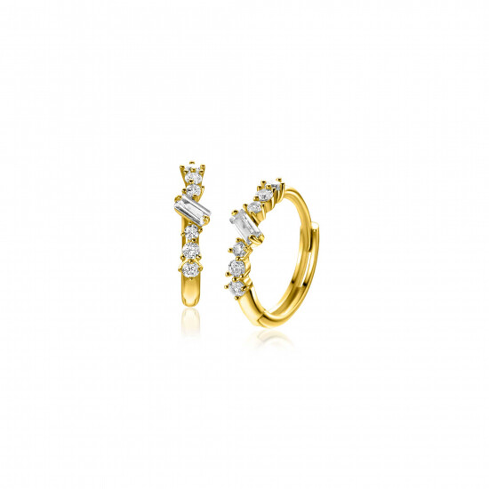 13mm ZINZI Gold 14 ct gold hoop earrings with rectangular baguette-cut zirconias and six round white cubic zirconias, with luxury clip closure 13 x 2mm ZGO528