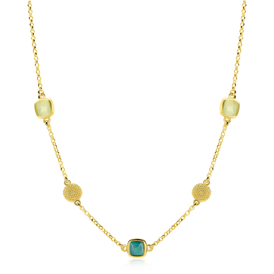 ZINZI zlv. collier gg.verg. met groen en bew.plaatjes