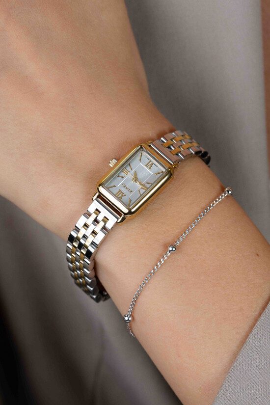 ZINZI Small Elegance Watch Silver Colored Sunray Dial and Rectangular Case Stainless Steel Chain Bicolor Strap 22mm  ZIW2833