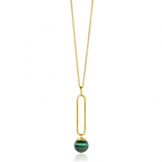 ZINZI Gold Plated Sterling Silver Necklace with Oval Pendant and Dangling Bead in Green Cat's Eye 40-45cm ZIC2420