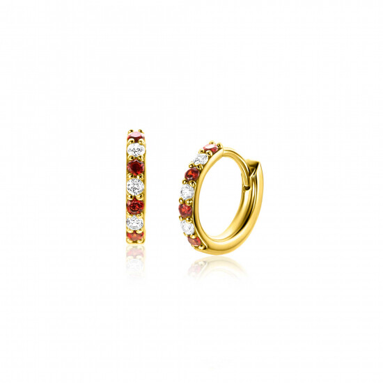 12mm ZINZI Gold Plated Sterling Silver Hoop Earrings Round White Zirconias and Red Garnet Color Stones 2mm width tube ZIO2558
