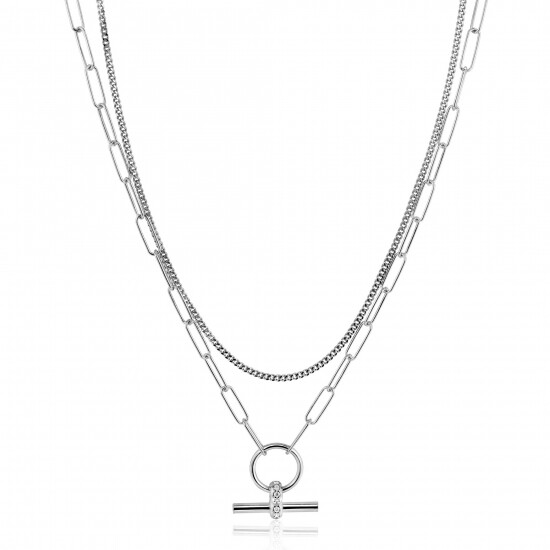 ZINZI Sterling Silver Multi-look Necklace 50cm: Combination of Curb and Paperclip Chains with Trendy T-Bar Set with White Zirconias ZIC2462