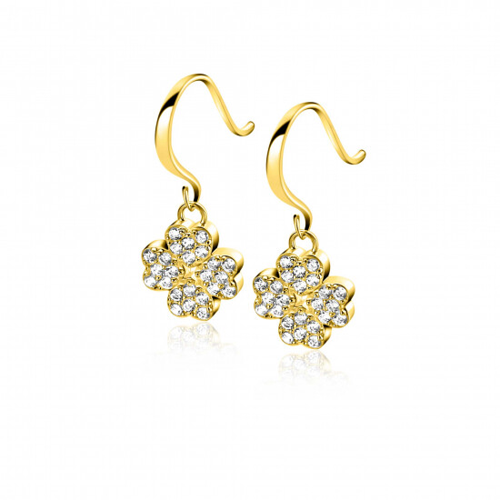 17mm ZINZI gold-plated silver drop earrings with a four-leaf clover adorned with white zirconia, ZIO-BF131