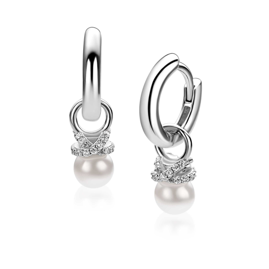 ZINZI zlv. oorbedels parel met zirconia's in x vorm