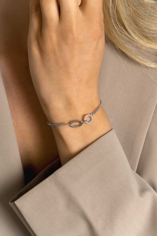 ZINZI Sterling Silver Multi-look Bracelet with 2 Chains Connected to an Oval Chain and Open Circle Set with White Zirconias 17-20cm ZIA2463