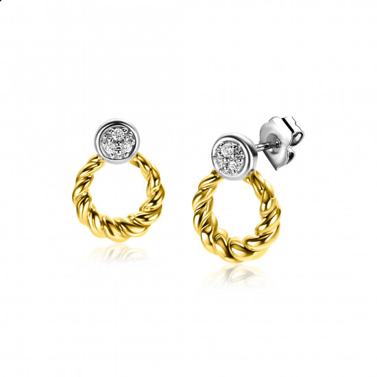 12mm ZINZI Bicolor Sterling Silver Round Stud Earrings Open Circle Twisted Design and White Zirconias ZIO2390Y