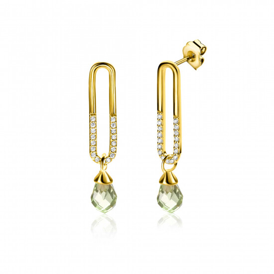 30mm ZINZI Gold Plated Sterling Silver Stud Earrings with Trendy Open Oval Shape and Green Peridot Drop Charm ZIO2430