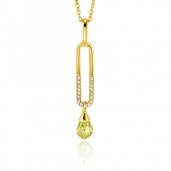 37mm ZINZI Gold Plated Sterling Silver Pendant with Trendy Open Oval Shape White and Drop Pendant Green Peridot ZIH2430 (excl. necklace)