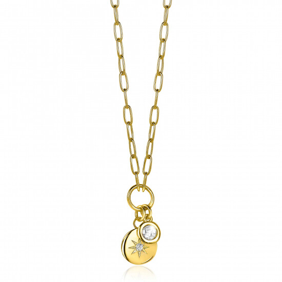 ZINZI Gold Plated Sterling Silver Necklace Coin Pendant with Star and Round Pendant White Zirconia 45cm ZIC1994G