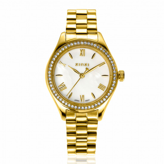 ZINZI Tresor watch 32mm set with white zirconia stones, mother-of-pearl dial, and gold-colored stainless steel case and link bracelet ZIW2434