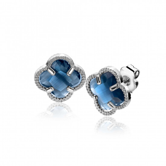 9mm ZINZI silver stud earrings in clover shape with dark blue cubic zirconia ZIO2663DB