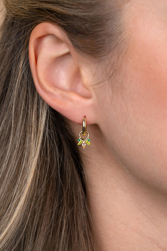10mm ZINZI gold plated silver charm earrings with five playful settings in descending size, set with champagne, peridot and dark green gemstones ZICH2633GC (without hoops earrings)