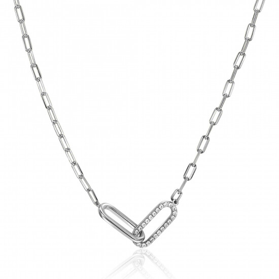 ZINZI silver paperclip link necklace with two connected links set with white cubic zirconias 40-45cm ZIC2690