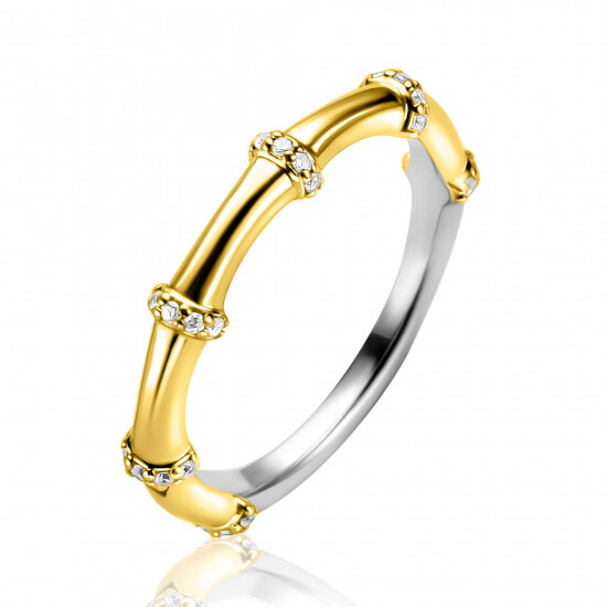 ZINZI gold plated silver stacking ring (3.5mm wide) bamboo design, set with white zirconia ZIR2687Y