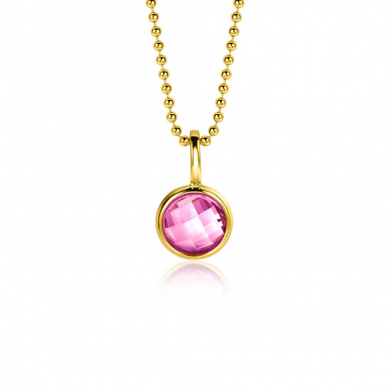 OCTOBER Pendant 8mm Gold Plated Birthstone Pink Rose Quartz Zirconia (excl. necklace)