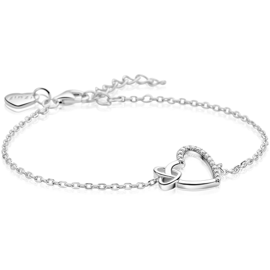 ZINZI zlv. armband twee harten verbonden zirc.