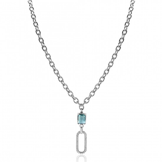 ZINZI Sterling Silver Fantasy Chain Necklace with Oval Pendant Set with White Zirconias and Green/Blue (Petrol) Color Stone in Prong Setting 45cm ZIC2487