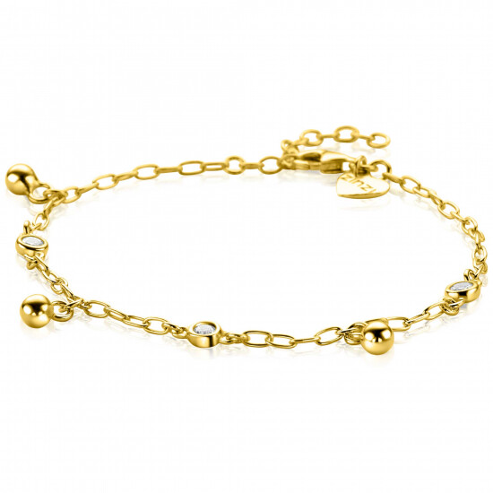 ZINZI gold plated silver link bracelet 9mm wide with white cubic zirconias and smooth beads 17-19cm ZIA2658