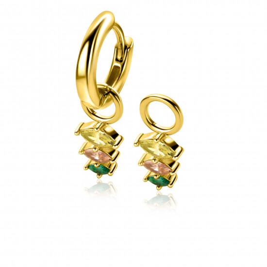 13mm ZINZI gold plated silver charm earrings with three pear-shaped settings in descending size, set with peridot, champagne and dark green gemstones ZICH2631GC (without hoops earrings)