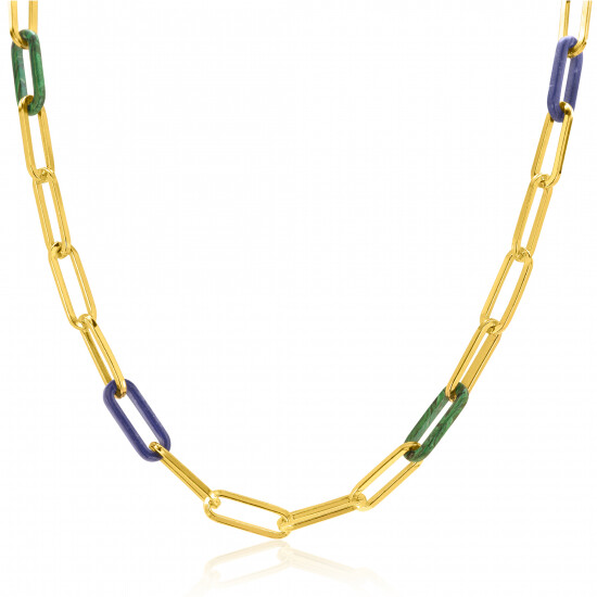 ZINZI Gold Plated Sterling Silver Papeclip Chain Necklace with Trendy Chains in Lapis Blue and Malachite Green 45cm ZIC2455