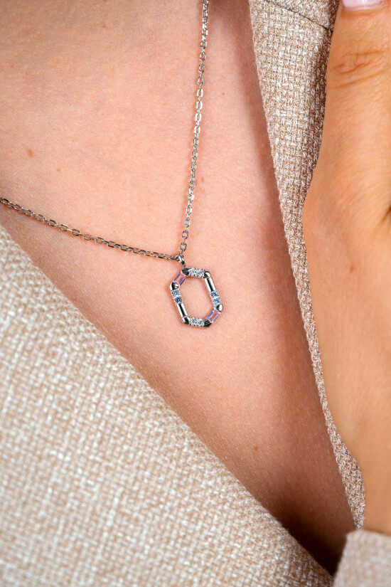 ZINZI zlv. collier met hanger 6-kant  roze/blauw/zirc.