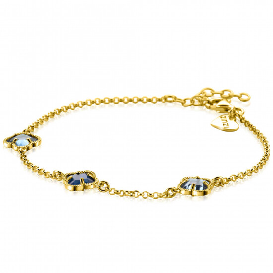 ZINZI gold plated silver link bracelet with two light blue clovers and one dark blue clover in the center 17-20cm ZIA2662B