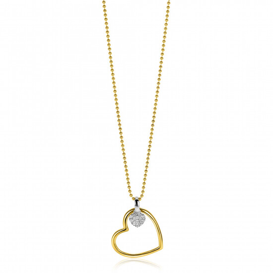 ZINZI gold plated silver bead necklace with large open heart pendant 20mm and dangling luxury heart 45-48cm ZIC2621
