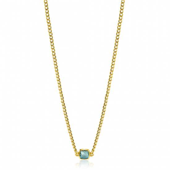 ZINZI Gold Plated Sterling Silver Curb Chain Necklace with Square Setting with Indigo Blue Color Stone 40-45cm ZIC2417G