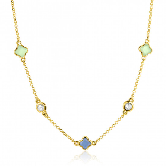 ZINZI zlv. collier gg.verg. klavers blauw/groen/zirc